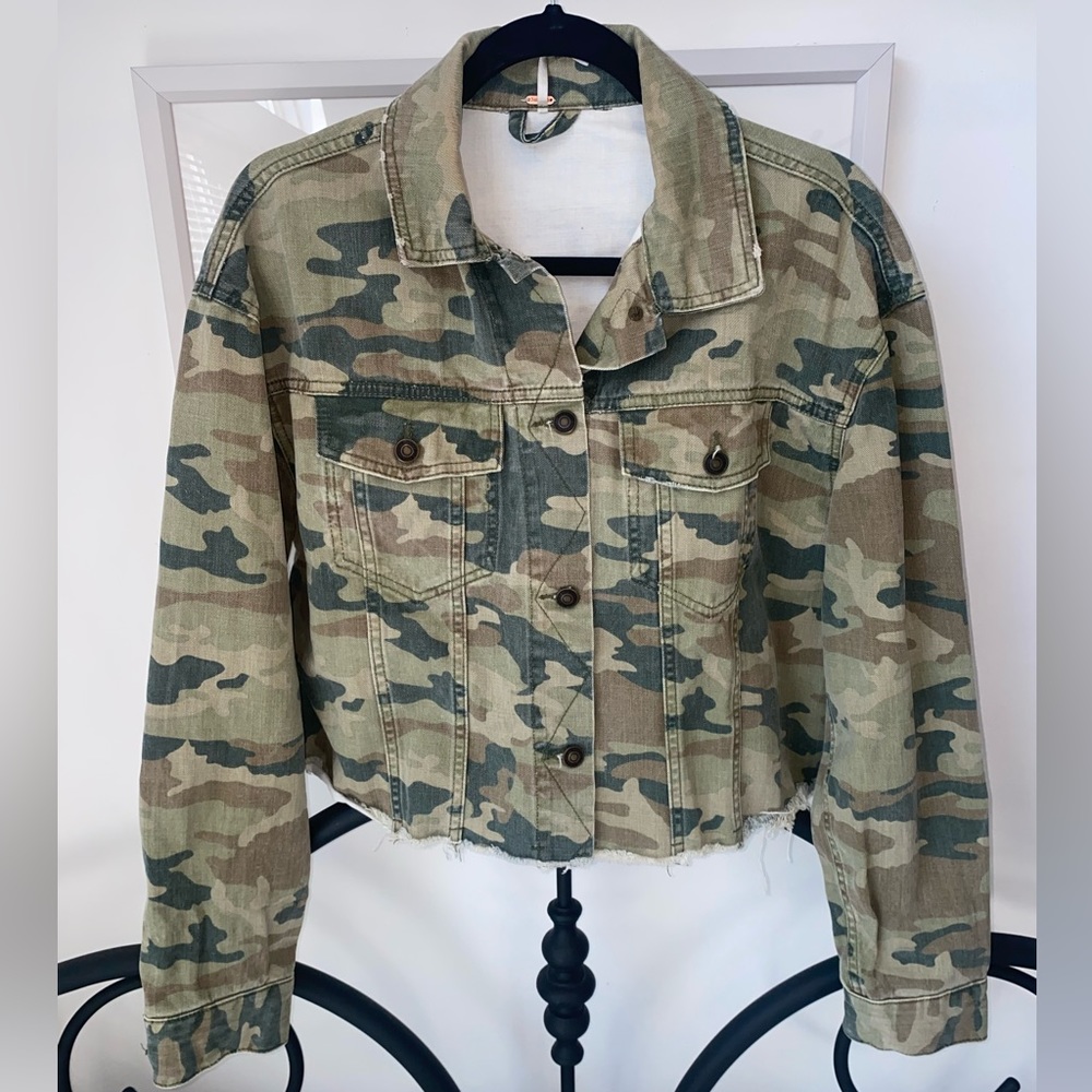 Free People Green Camo Crop Denim Jacket